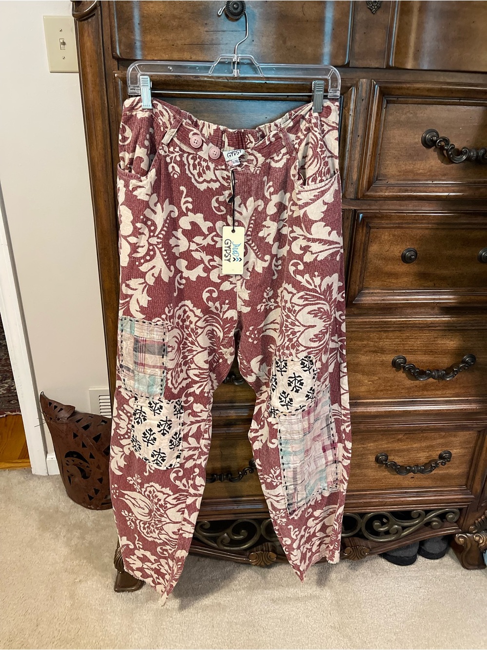 Jaded Gypsy Wander Bloom Cotton Pants in Burgundy and Cream Print
